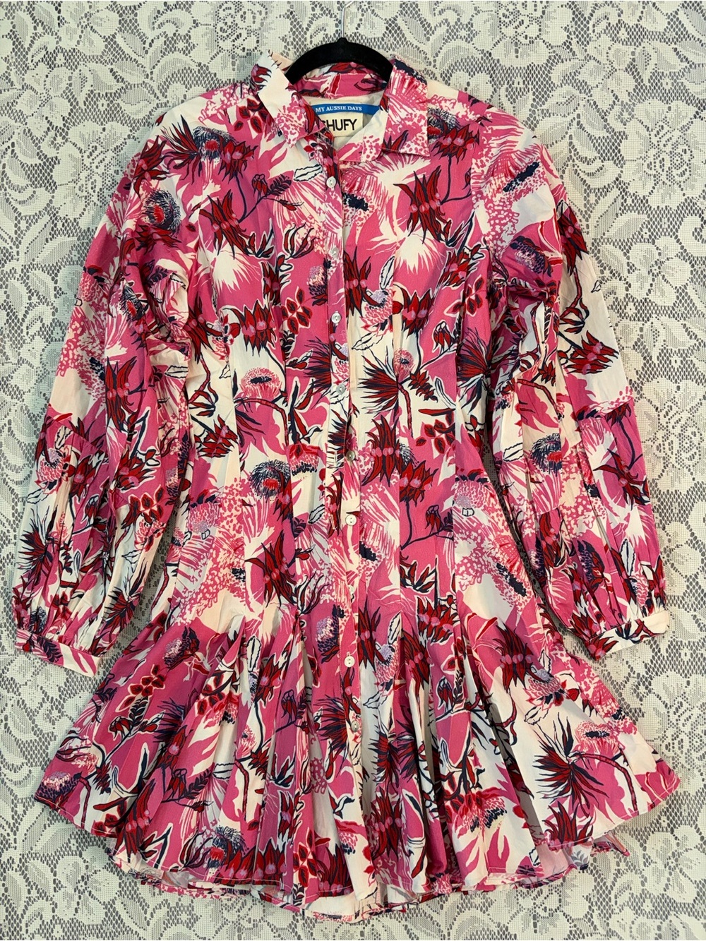 Chufy Organic Cotton Pink My Aussie Days Ushi Floral Mini Shirt Dress